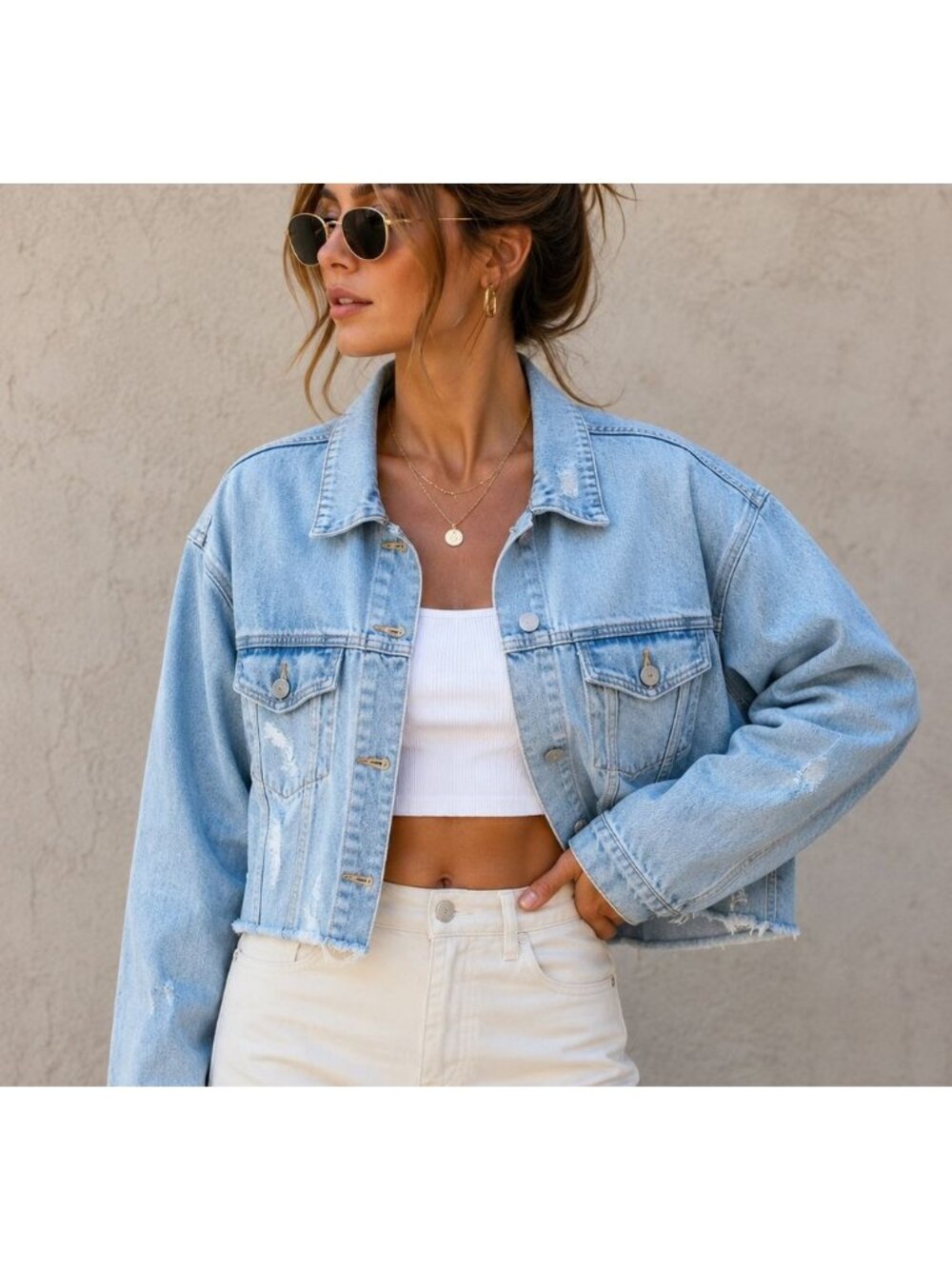 Detre Light Wash Cropped Denim Jacket Distressed Raw Hem Trucker Jean Jacket Wom